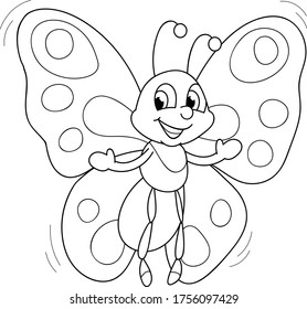 Coloring page outline of cartoon smiling cute butterfly. Colorful vector illustration, summer coloring book for kids.