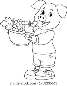Coloring page outline of cartoon smiling cute pig with fruits. Colorful vector illustration, summer coloring book for kids.