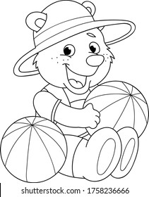 Coloring page outline of cartoon smiling cute bear. Colorful vector illustration, summer coloring book for kids.