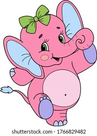 Coloring page outline of cartoon smiling cute girl elephant. Colorful vector illustration, summer coloring book for kids.