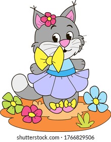 Coloring page outline of cartoon smiling cute beautiful cat. Colorful vector illustration, summer coloring book for kids.