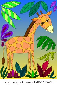 Coloring page outline of cartoon smiling cute giraffe. Colorful vector illustration, summer coloring book for kids.