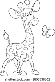 Coloring page outline of cartoon smiling funny giraffe with butterfly. Colorful vector illustration, summer coloring book for kids.