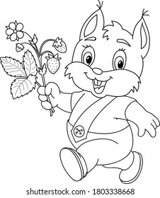 Coloring page outline of cartoon smiling cute beautiful fox with flowers and berries. Colorful vector illustration, summer coloring book for kids.
