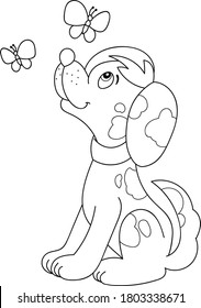 Coloring Page Outline Of Cartoon Smiling Cute Dog With Butterflies. Colorful Vector Illustration, Summer Coloring Book For Kids.