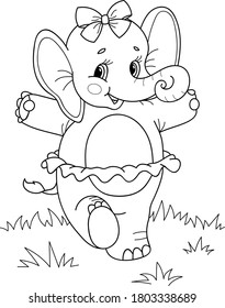 Coloring page outline of cartoon smiling cute girl elephant. Colorful vector illustration, summer coloring book for kids.