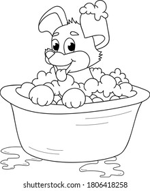 Coloring page outline of cartoon smiling cute little dog taking a bath. Colorful vector illustration, summers coloring book for kids.