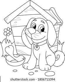 Coloring page outline of cartoon smiling cute little dog. Colorful vector illustration, summers coloring book for kids.