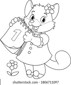 Coloring page outline of cartoon smiling cute beautiful cat with calendar. Colorful vector illustration, holidays coloring book for kids.