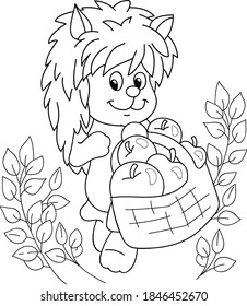 Coloring page outline of cartoon smiling cute hedgehog with apples. Colorful vector illustration, summers coloring book for kids.