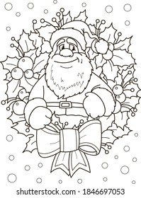 Coloring Page Outline Of Cartoon Smiling Cute Santa Claus With Christmas Wreath. Colorful Vector Illustration, Winters Coloring Book For Kids.