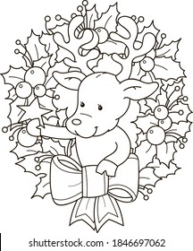 Coloring page outline of cartoon smiling cute deer with Christmas wreath. Colorful vector illustration, winters coloring book for kids.