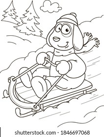 Coloring page outline of cartoon smiling cute dog sledding. Colorful vector illustration, winters coloring book for kids.