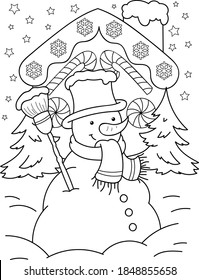 Coloring page outline of cartoon smiling cute Snowman. Colorful vector illustration, winters coloring book for kids.