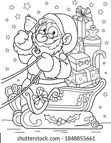 Coloring page outline of cartoon smiling cute Santa Claus on a sleigh with gifts. Colorful vector illustration, winters coloring book for kids.