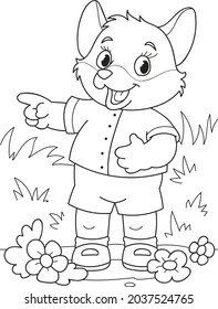 Coloring Page Outline Of Cartoon Smiling Cute Beautiful Fox With Flowers. Colorful Vector Illustration, Summer Coloring Book For Kids.