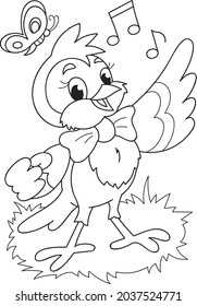 Coloring page outline of cartoon smiling cute little singing bird. Colorful vector illustration, summer coloring book for kids.