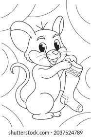 Coloring page outline of cartoon smiling cute mouse with сhristmas sock. Colorful vector illustration, winter coloring book for kids.