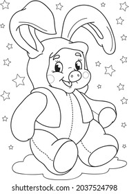 Coloring page outline of cartoon smiling cute pig in a rabbit costume. Colorful vector illustration, summer coloring book for kids.