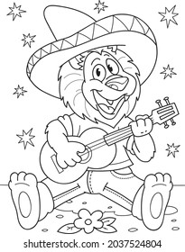 Coloring page outline of cartoon smiling cute lion in sombrero with guitar. Colorful vector illustration, summer coloring book for kids.