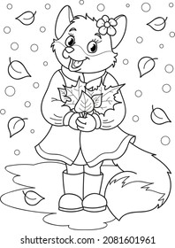 Coloring page outline of cartoon smiling cute beautiful fox with leaves. Colorful vector illustration, summer coloring book for kids.