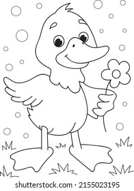 Coloring page outline of cartoon smiling cute duck with a flower. Colorful vector illustration, summer coloring book for kids.