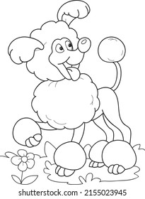 Coloring page outline of cartoon smiling cute poodle dog. Colorful vector illustration, summer coloring book for kids.