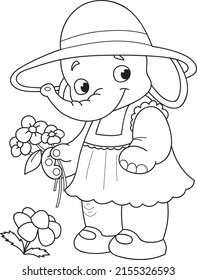 Coloring page outline of cartoon smiling cute girl elephant with flowers. Colorful vector illustration, summer coloring book for kids.