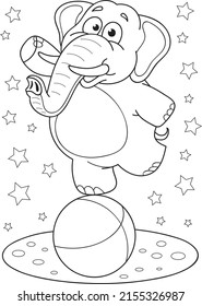 Coloring page outline of cartoon smiling cute elephant on a big ball. Colorful vector illustration, summer coloring book for kids.