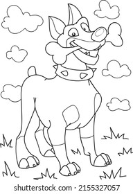 Esquema de página de color de caricatura sonriendo lindo perro con un hueso grande. Ilustración vectorial colorida, libro de coloración de verano para niños.