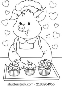 Coloring page outline of cartoon smiling cute pig with cakes. Colorful vector illustration, coloring book for kids.