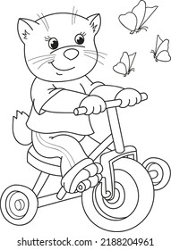 Coloring page outline of cartoon smiling cute cat with a bike. Colorful vector illustration, summer coloring book for kids.