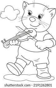 Coloring page outline of cartoon smiling cute cat with violin. Colorful vector illustration, summer coloring book for kids.