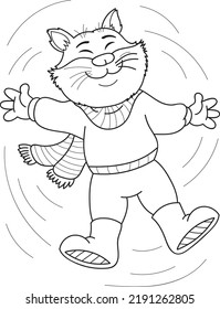 Coloring page outline of cartoon smiling cute beautiful cat. Colorful vector illustration, coloring book for kids.