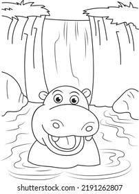 Coloring page outline of cartoon smiling cute hippo in the lake. Colorful vector illustration, summer coloring book for kids.