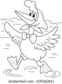 Coloring page outline of cartoon smiling cute duck. Colorful vector illustration, summer coloring book for kids.