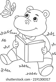 Coloring page outline of cartoon smiling cute little hippo with the book. Colorful vector illustration, summer coloring book for kids.