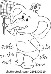 Coloring page outline of cartoon smiling cute girl elephant. Colorful vector illustration, summer coloring book for kids.