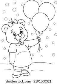 Coloring page outline of cartoon smiling cute baby girl bear with air balloons. Colorful vector illustration, summer coloring book for kids.