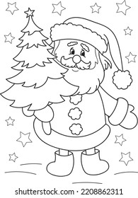 Coloring page outline of cartoon smiling cute Santa Claus with Christmas three. Colorful vector illustration, winters coloring book for kids.