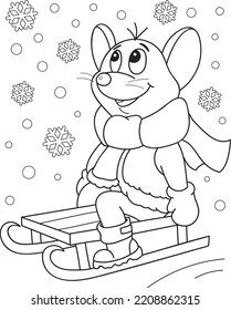 Coloring page outline of cartoon smiling cute mouse on a sled with snowflakes. Colorful vector illustration, winters coloring book for kids.