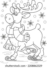 Coloring page outline of cartoon smiling cute deer. Colorful vector illustration, winters coloring book for kids.