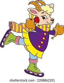 Coloring page outline of cartoon smiling cute goat ice-skating. Colorful vector illustration, winters coloring book for kids.