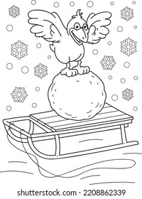 Coloring page outline of cartoon smiling cute bird with a big snowball. Colorful vector illustration, winters coloring book for kids.