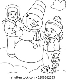 Coloring page outline of cartoon smiling kids with the cute Snowman. Colorful vector illustration, winters coloring book for kids.