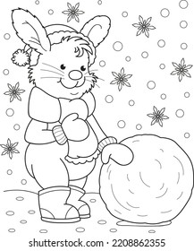 Coloring page outline of cartoon smiling cute little rabbit with the big snowball. Colorful vector illustration, winters coloring book for kids.