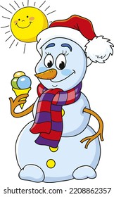 Coloring page outline of cartoon smiling cute snowman with ice cream. Colorful vector illustration, winters coloring book for kids.