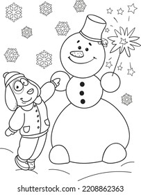 Coloring page outline of cartoon smiling cute dog with the big snowman. Colorful vector illustration, winters coloring book for kids.