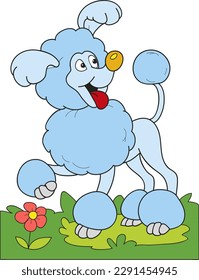 Coloring page outline of cartoon smiling cute poodle dog. Colorful vector illustration, summer coloring book for kids.