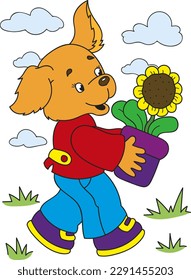 Coloring page outline of cartoon smiling cute dog with the flower in the pot. Colorful vector illustration, summer coloring book for kids.